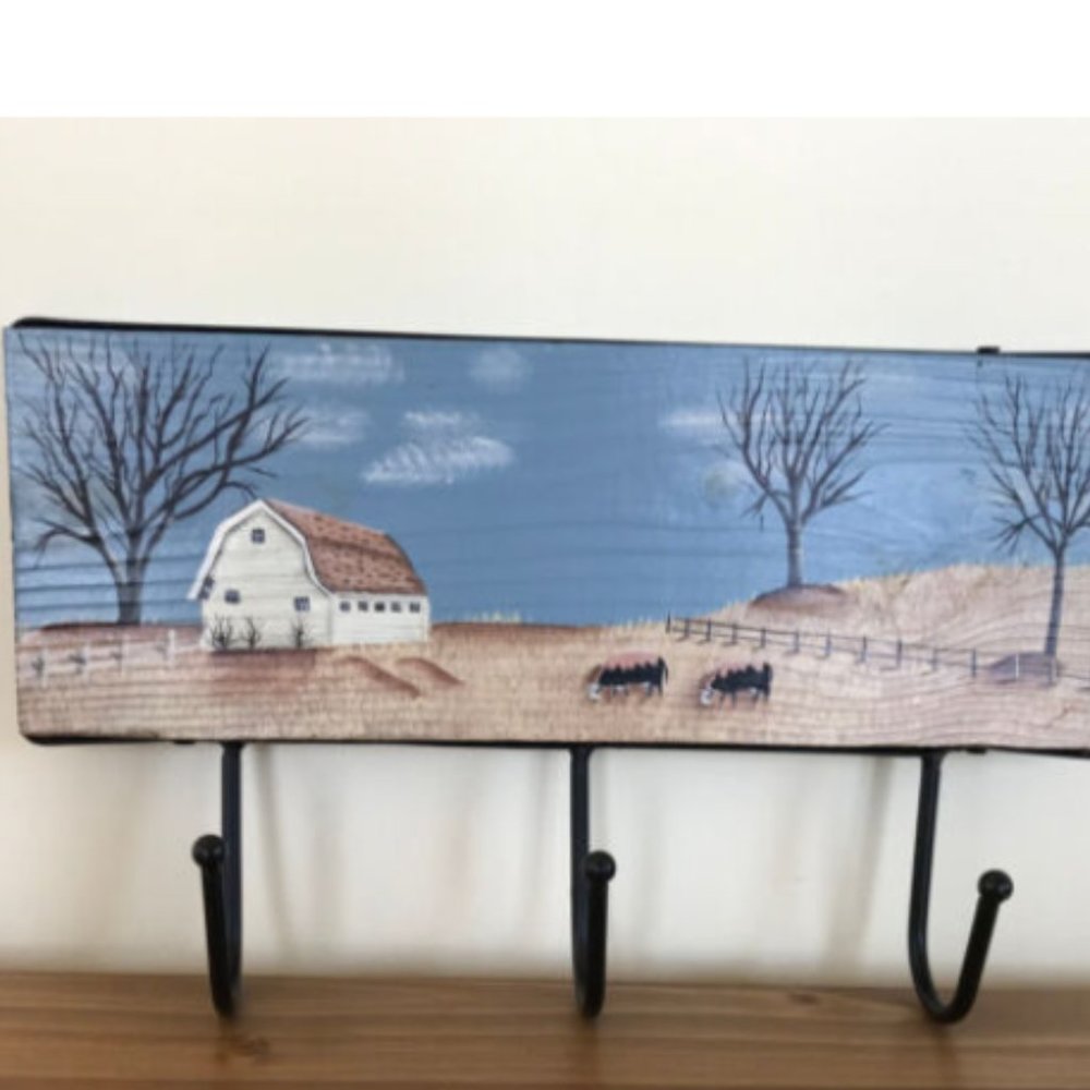 Country Farmyard Cow Scene Tole Painting Wood & Metal Coat Hook Wall Rack